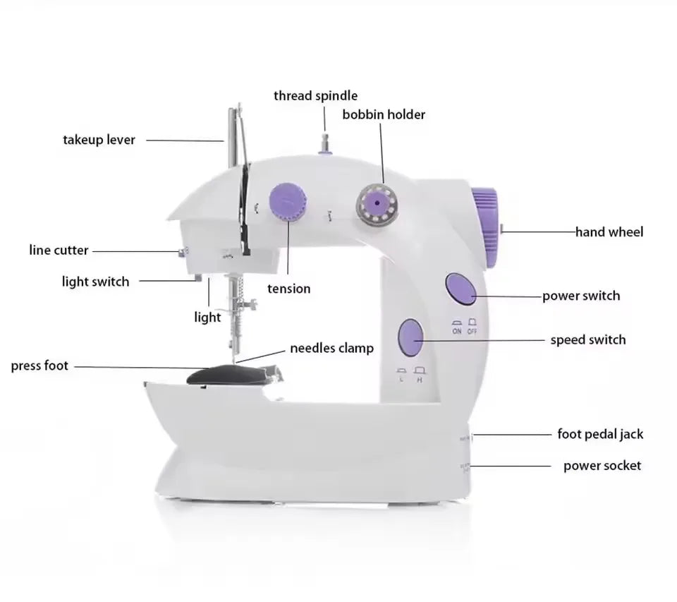 Máquina de coser portátil con luz LED y pedal para principiantes