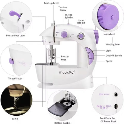 Máquina de coser portátil con luz LED y pedal para principiantes
